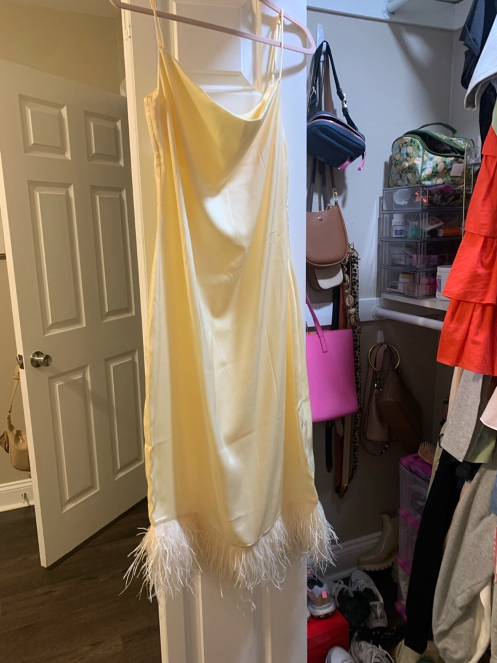 Cream Feather Hem Midi silk/ satin Slip Dress with cowel neckline